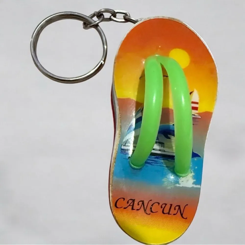 Colorful Flip-Flop Keychain Souvenir from Cancun with Green Straps